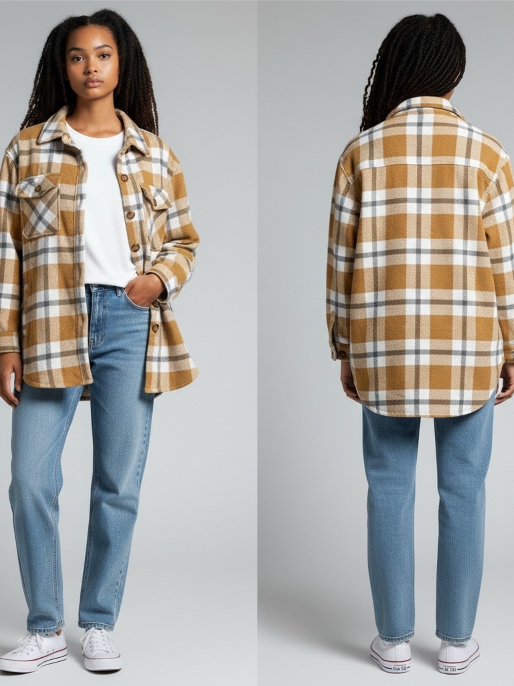 🍂 Tan Plaid Shacket | Heavyweight Flannel Jacket | Like New | Size L 🧥